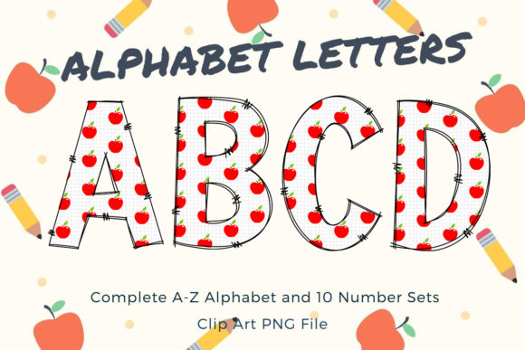 Back to School Alphabet Font Red Apple and Alphabet Sublimation Clipart PNG